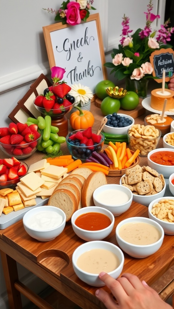 An inviting snack table with fruits, cheeses, vegetables, and mini desserts, decorated with flowers.